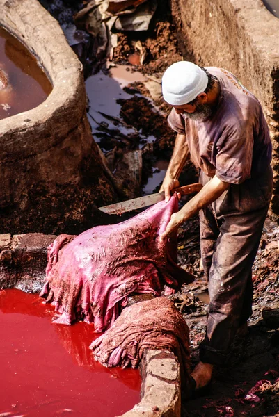 フェズ、モロッコ。織工の製革所スークは最も訪問された pa です。 — ストック写真