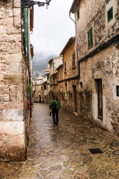 Mallorca Valldemossa typisches Dorf mit Blumentöpfen in Fassaden — Stockfoto