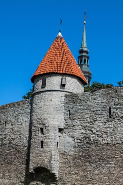 gökyüzü arka plan üzerinde kale kuleleri ve kilise görünümünü. Tallinn. e
