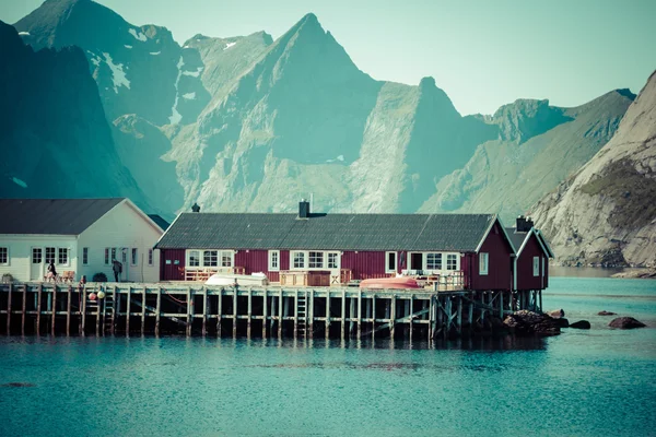 Cidade piscatória pitoresca de Reine junto ao fiorde na ilha de Lofoten — Fotografia de Stock