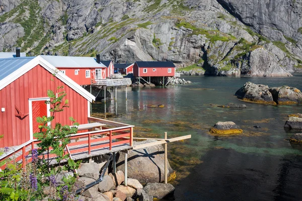 Rote und gelbe hölzerne Fischerhütten in Norwegen — Stockfoto