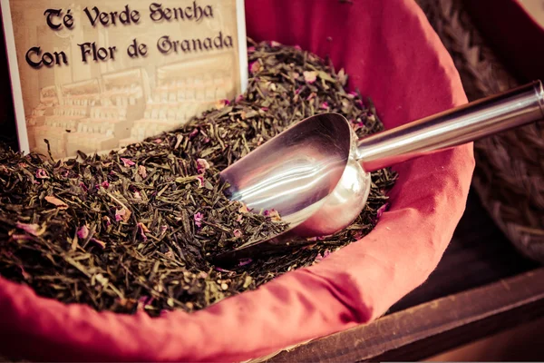 Spices, seeds and tea sold in a traditional market in Granada, S — Stock Photo, Image