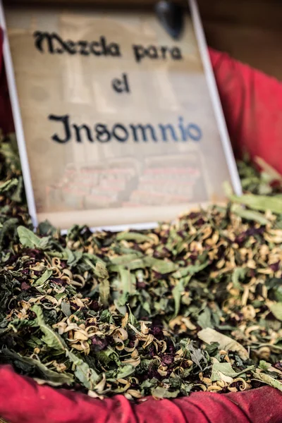 Spices, seeds and tea sold in a traditional market in Granada, S — Stock Photo, Image