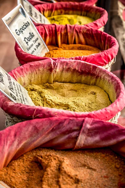 Spices, seeds and tea sold in a traditional market in Granada, S — Stock Photo, Image