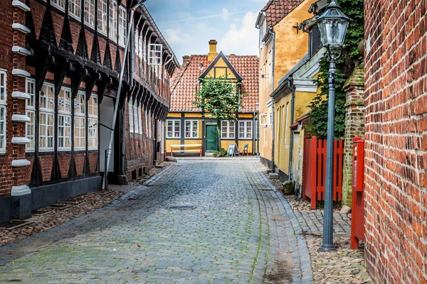 Straat met oude huizen van koninklijke stad ribe in Denemarken — Stockfoto