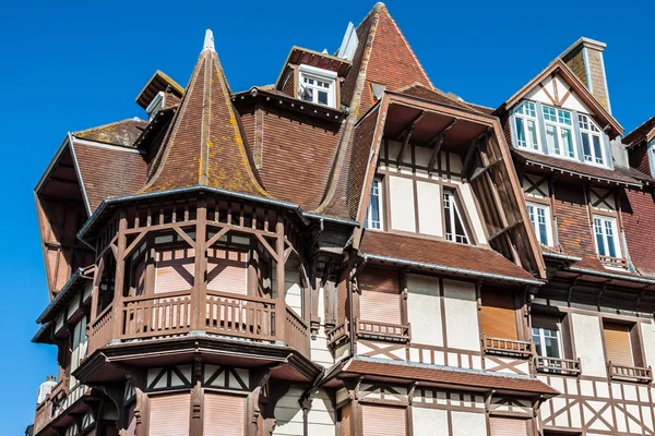 Stylized half-timbered house. Etretat is a commune in the Seine — Stock Photo, Image