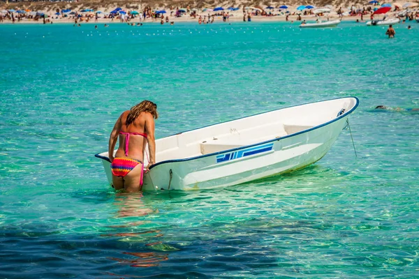Girl  in boat  at Formentera Balearic Islands — Stock Photo, Image