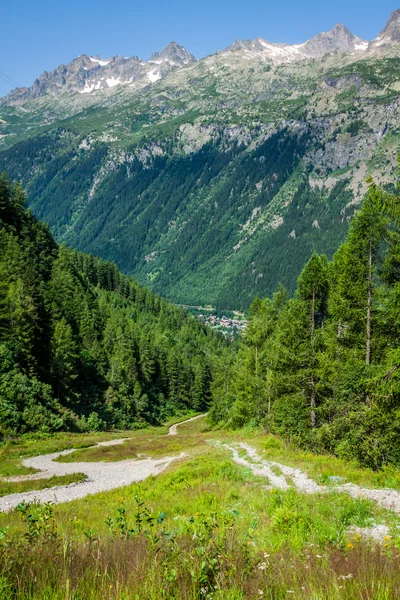 Hiking to Argentiere glacier with the view on the massif des Aig — Stock Photo, Image