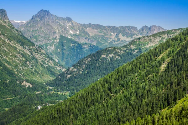 Vandring till argentiere glaciären med vyn på massif des aig — Stockfoto