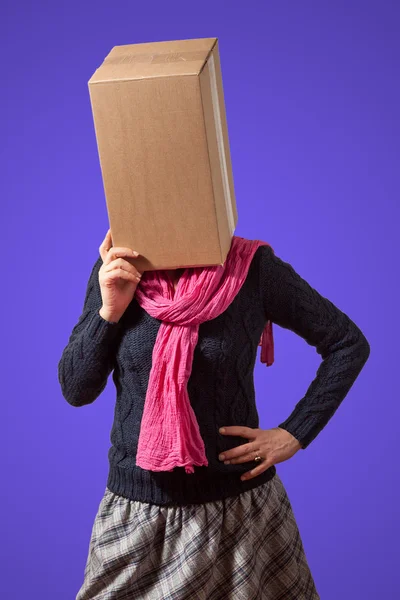 Girl with cardboard box head — Stock Photo, Image