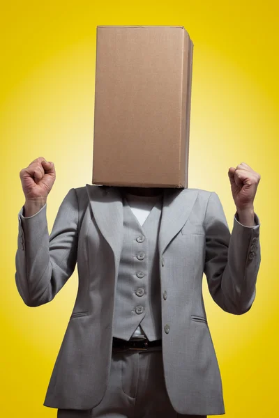 Business woman with a cardboard box head — Stock Photo, Image