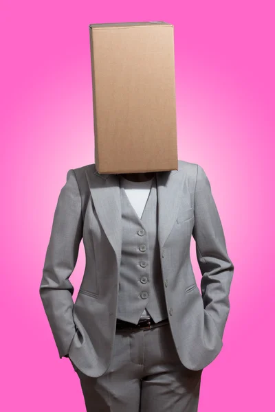 Business woman with a cardboard box head — Stock Photo, Image