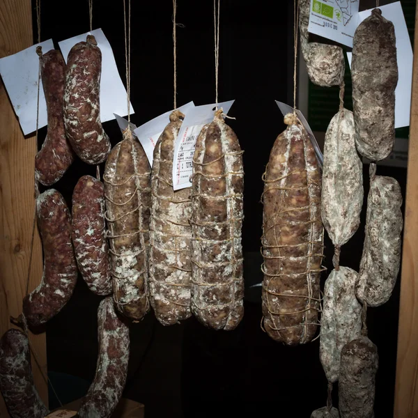 Italian salami at Golosaria 2013 in Milan, Italy — Stock Photo, Image