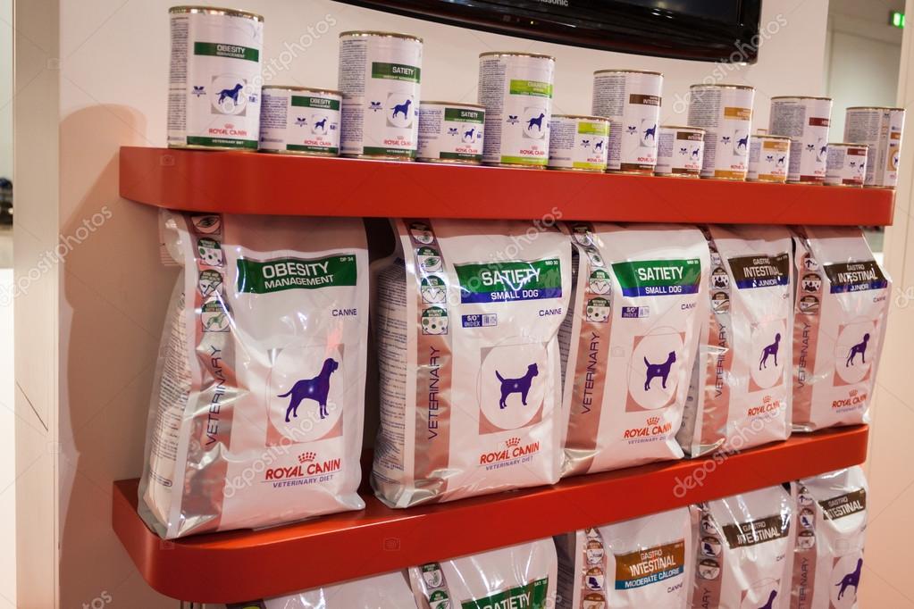 Pet food on display at the international dogs exhibition of Milan