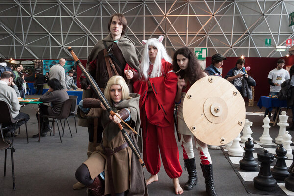 Cosplayers posing at Festival del Fumetto convention in Milan, Italy