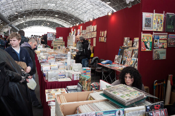 Comics on display at Festival del Fumetto convention in Milan, Italy