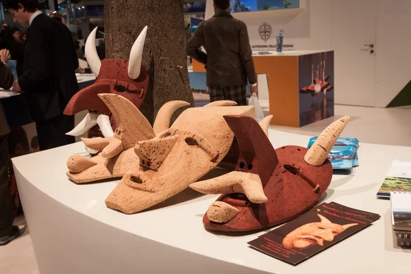 Traditional Sardinian masks on display at Bit 2014, international tourism exchange in Milan, Italy — Stock Photo, Image