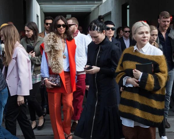 People outside Armani fashion shows building for Milan Women's Fashion Week 2014