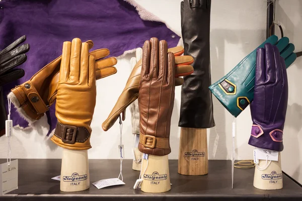 Leather gloves on display at Mipap trade show in Milan, Italy