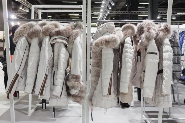 Coats on display at Mipap trade show in Milan, Italy — Stock Photo, Image