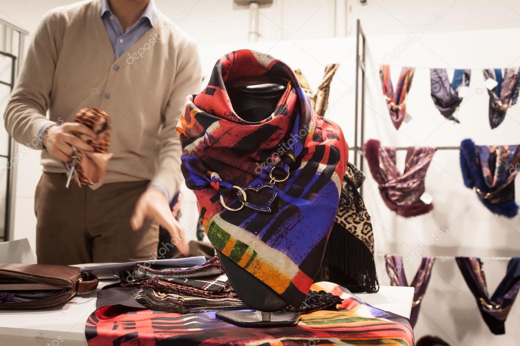 Silk neckerchief on display at Mipap trade show in Milan, Italy