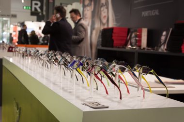 Glasses on display at Mido 2014 in Milan, Italy clipart