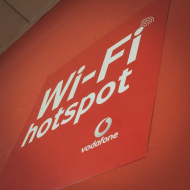 Vodafone wi-fi sign at Solarexpo 2014 in Milan, Italy clipart