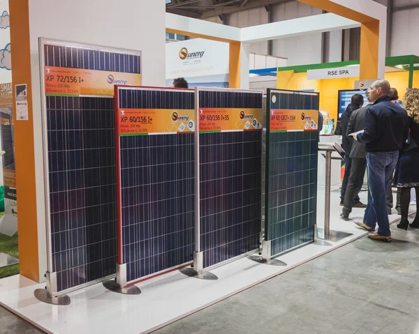 Solar panels on display at Solarexpo 2014 in Milan, Italy — Stock Photo, Image