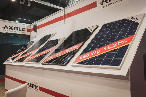 Solar panels on display at Solarexpo 2014 in Milan, Italy — Stock Photo, Image