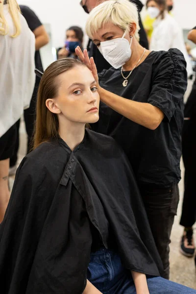 Milano Italia Settembre Modella Vede Make Poco Prima Della Sfilata — Foto Stock