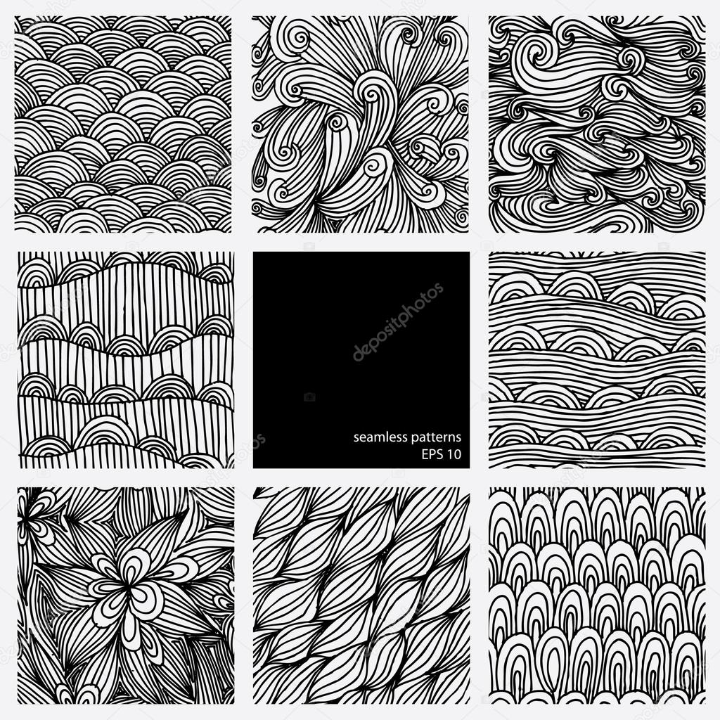 Set of eight black and white wave patterns