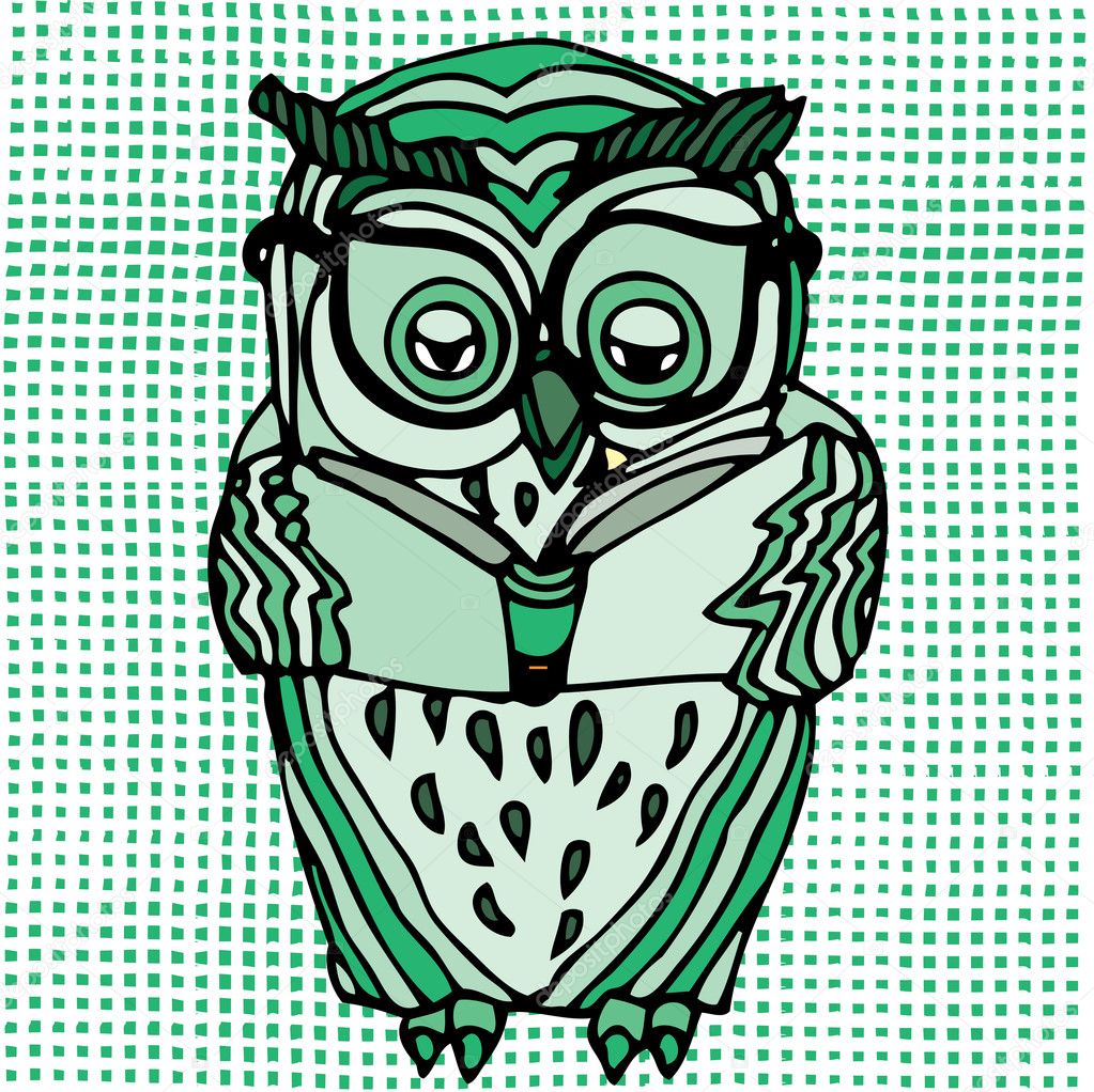 Illustration of owl reading a book
