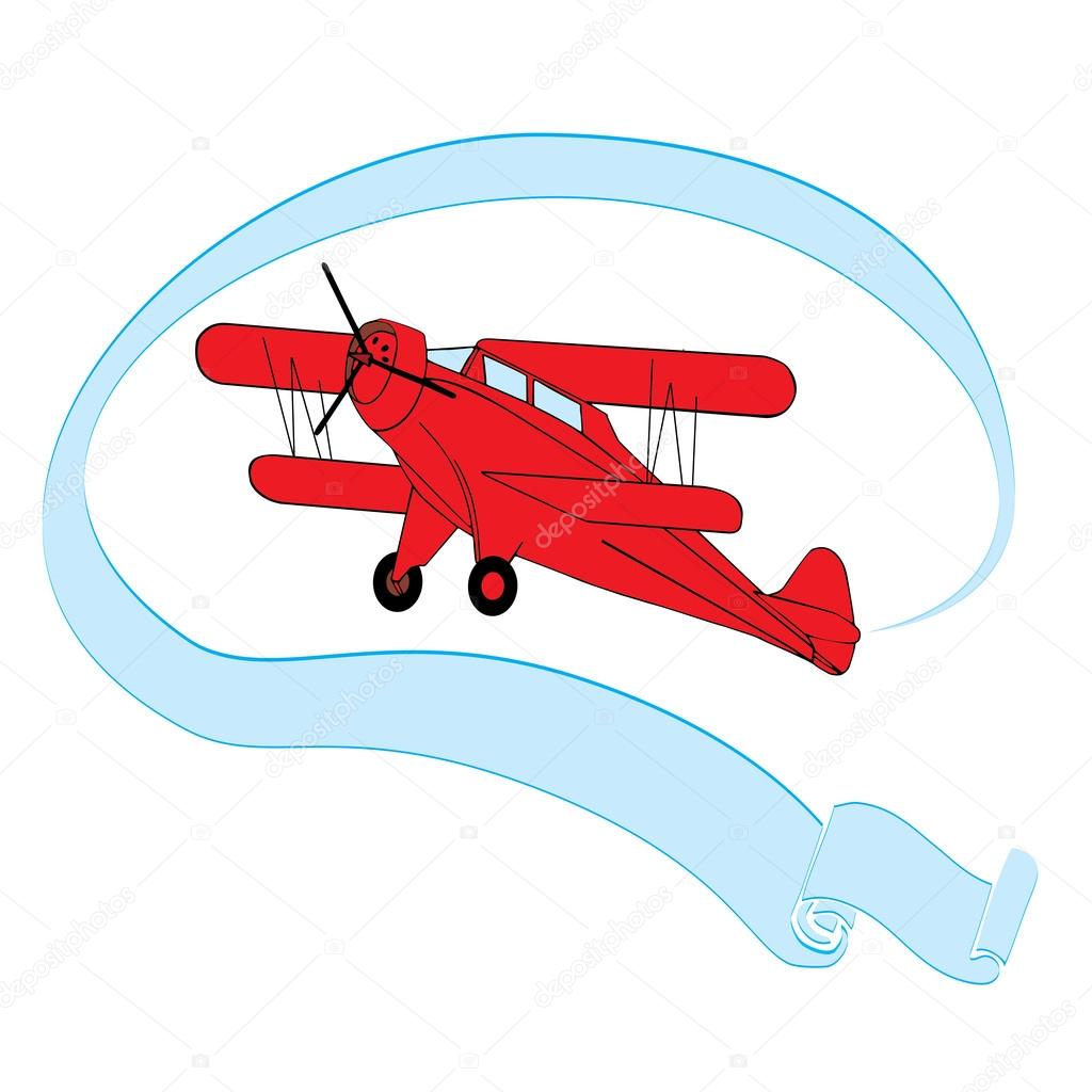 Red vintage airplane with blue banner