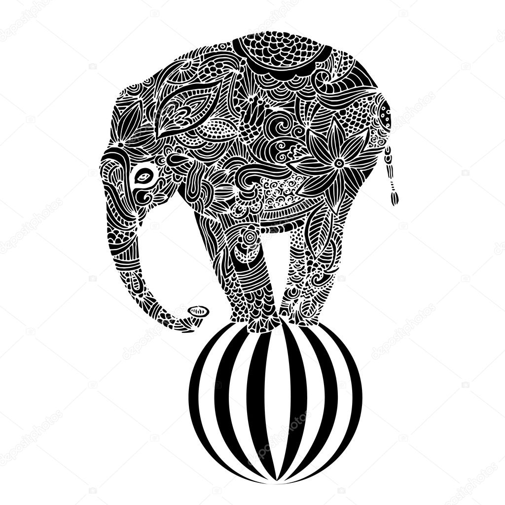 Stylized fantasy patterned elephant standin on a ball