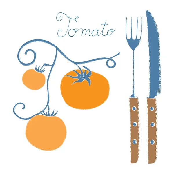 Etiqueta de tomate con cuchillo y tenedor — Vector de stock