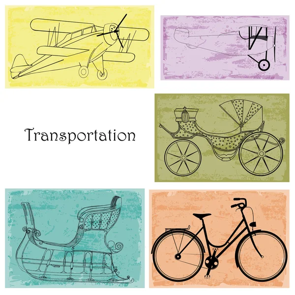 Transporte: bicicleta, carro, avión, trineo — Vector de stock