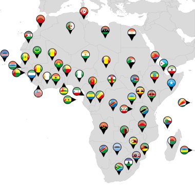 Pinned countries flags on map of Africa clipart