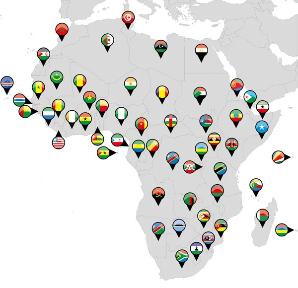 Banderas de los países fijados en el mapa de África — Vector de stock