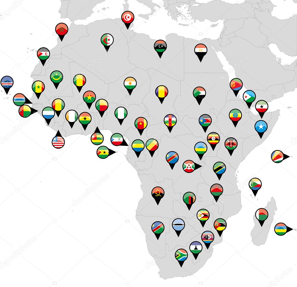 Pinned countries flags on map of Africa