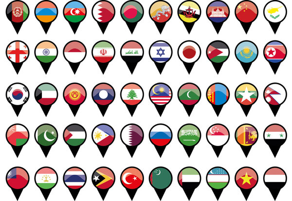 Flags of Asian countries like pins