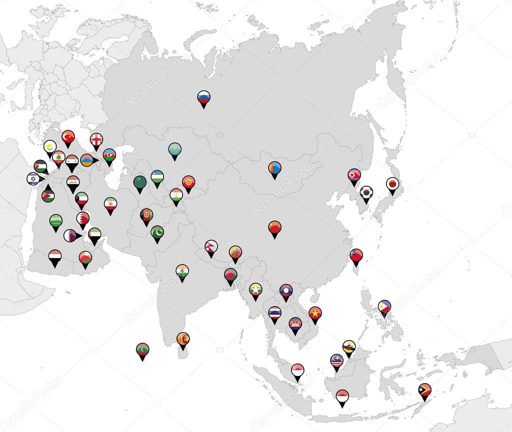 Pinned countries flags on map of Asia
