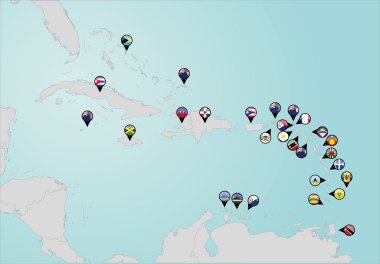 Pinned countries flags on map of Caribbean clipart