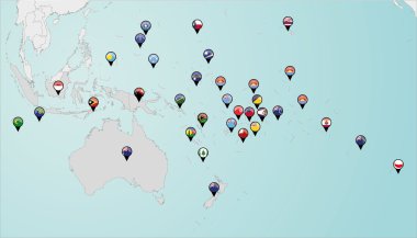 Pinned countries flags on map of Oceania clipart