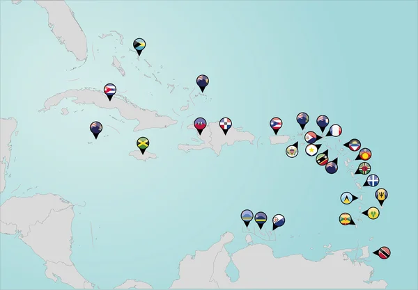 Karayipler haritası üzerinde sabitlenmiş ülke bayrakları — Stok Vektör