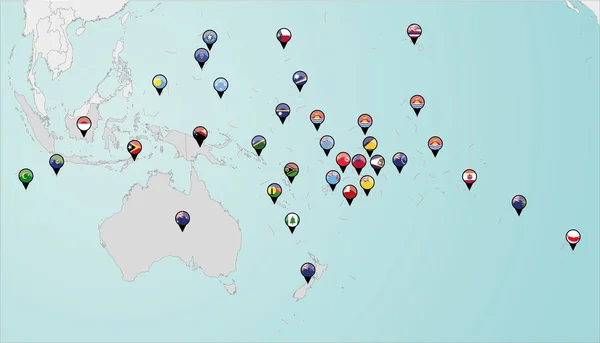 Bandeiras de países marcados no mapa de Oceania — Vetor de Stock