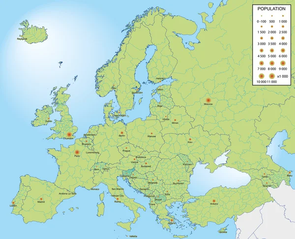 Pays européens avec provinces et population de la capitale — Image vectorielle