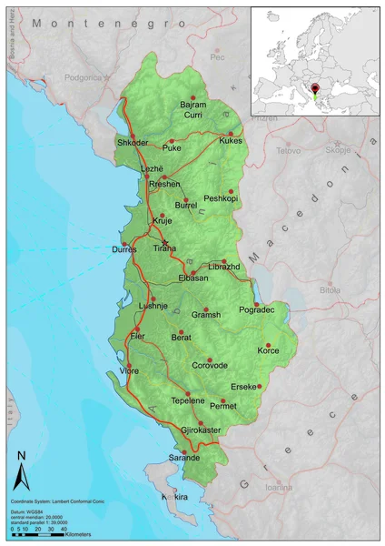Албанія карта автомобільних доріг рельєф — стоковий вектор