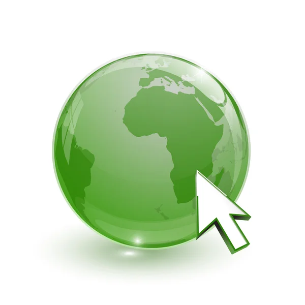 Скляна карта земної кулі 3d зелений і курсор — стоковий вектор