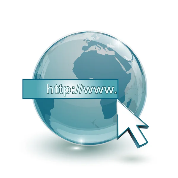 Globo de vidro mapa terra 3d azul e cursor com endereço de internet — Vetor de Stock