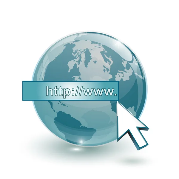 Globe en verre carte de la terre 3d bleu et curseur avec adresse Internet — Image vectorielle